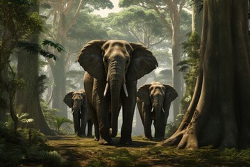 Elephant's in the beautiful forest full of lovely green trees. - obrazy, fototapety, plakaty