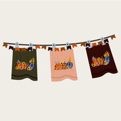 Flat Design Pumpkins Illustration and Clothesline Bath and  Towels