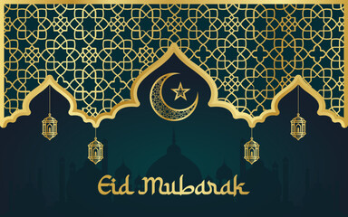 Realistic Eid Mubarak Background with Golden Lantern, Moon, And Mosque Vector Illustration. Eid Greeting Banner Or Poster Vector Template Design. Arabic Islamic calligraphy ornamental design