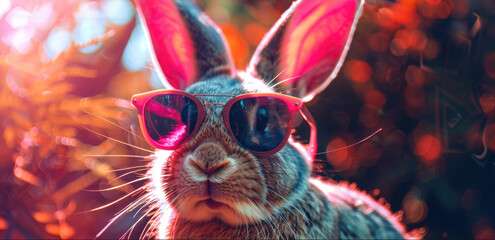 Cool DJ rabbit in sunglasses in colorful neon light, funny Easter design - 754410560