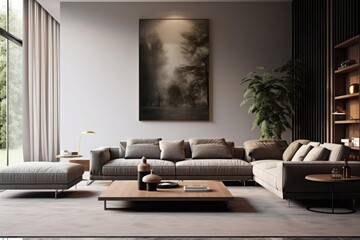 A sleek modern living room, where quiet luxury is embodied in clean lines and sophisticated design. Minimalist furniture, polished surfaces, and strategically placed gold accents. Quiet luxury concept - obrazy, fototapety, plakaty