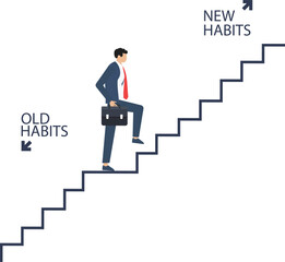 Old habits vs new habits-life change concept, Businessman walking up stair to new habits way, Old Habits and new habits choice, Choose a new direction, make a choice

