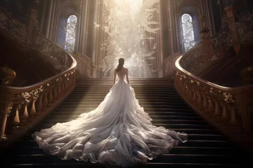 Foto op Aluminium A woman stands on a grand staircase, wearing a luxurious lace skirt that cascades down to the floor, creating a dramatic and ethereal effect in a sophisticated ballroom. © DK_2020