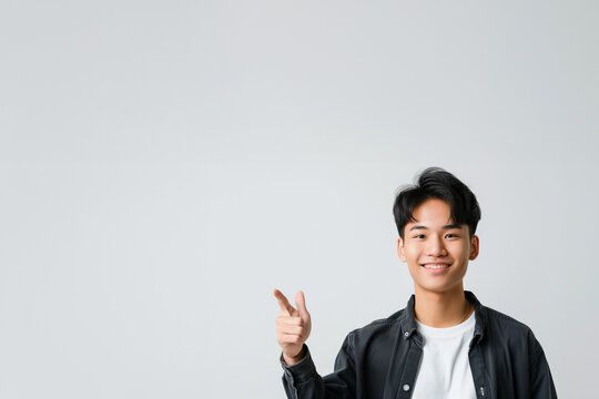 jeune homme asiatique, aux cheveux courts habillé d'un t-shirt blanc et d'une surchemise noire, qui pointe du doigt vers l'autre bout de l'image, sur fond clair avec espace négatif copyspace