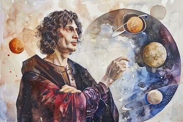 Water painting of Nicolaus Copernicus and planets of Solar System