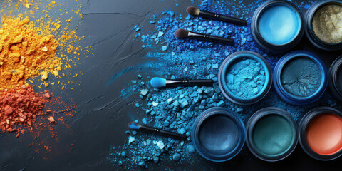 Banner of Natural Mineral Makeup and Cosmetics. Multi-colored shadows.