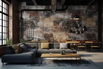 Foto op Canvas An urban loft space adorned with modern wallpaper featuring industrial motifs like exposed pipes, metallic textures, and concrete patterns. The wallpaper seamlessly blends with modern furnishings. © DK_2020