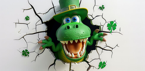 St. Patrick Day Green T-rex Mug wrap for boy, t-rex peek-a-boo from a crack hole on white wall