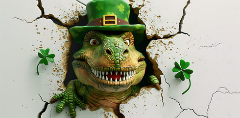 St. Patrick Day Green T-rex Mug wrap for boy, t-rex peek-a-boo from a crack hole on white wall