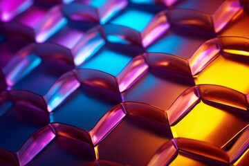 The iridescence of morphing honeycomb hexagons. A play of light creating vibrant and ever-changing colors within the hexagonal structures. - obrazy, fototapety, plakaty