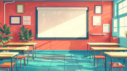 Bright and vibrant classroom setting with empty desks, a large blackboard, and green plants, without students.