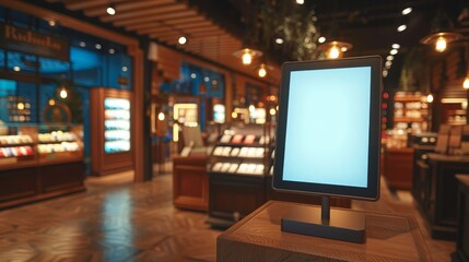 A modern digital display stands prominently in a warmly lit, high-end retail store interior, inviting interactive customer engagement.