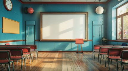 An empty, sunlit classroom featuring a blank whiteboard, vintage wooden floor, and rows of chairs, suggesting a space for learning and creativity.