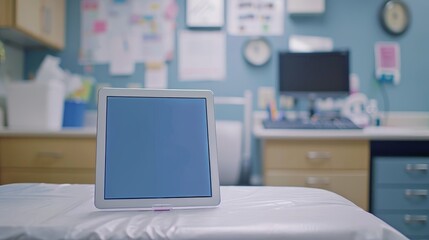 A tablet is placed on an examination bed in a clean, organized medical room, capturing the essence of modern healthcare and patient information technology.