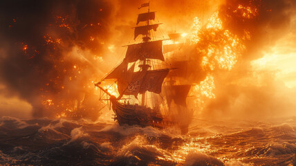Pirate ship in a ferocious sea battle,generative ai - obrazy, fototapety, plakaty