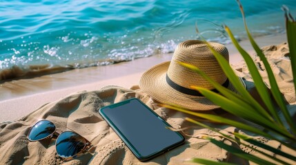 Smartphone, sunglasses, and a straw hat on the sandy shore with the ocean waves in the background, ready for a beach day.