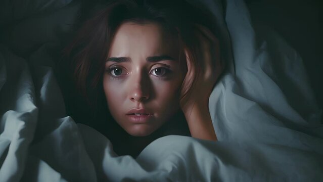woman in bed late trying to sleep suffering insomnia, sleepless or scared in a nightmare, looking sad worried and stressed. Tired and headache or migraine waking up in the middle of the night..