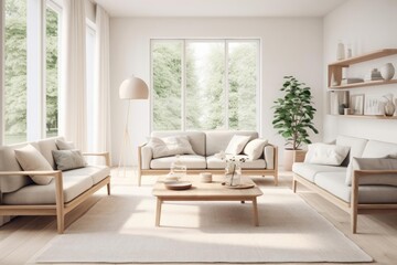 Naklejka na ściany i meble A serene Scandinavian living room, featuring clean lines, neutral tones, and functional furniture. Large windows allow soft, diffused light to fill the space, creating an airy and inviting atmosphere.