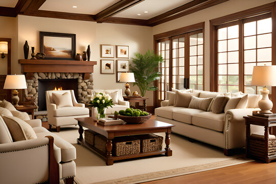 A cozy living room with warm wood accents and plush furniture, captured in a soft and inviting commercial photography style against a clean light beige background
