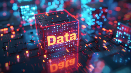 Data connecting in digital network technology, blockchain the new technology transfer digital data or information and exchange digital money, box with text “Data” - obrazy, fototapety, plakaty
