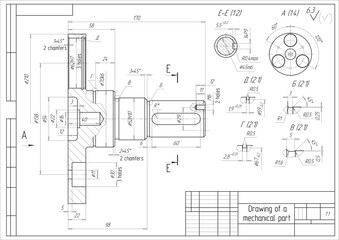 
Assembly drawing of steel part with through holes.
Vector cad scheme of mechanical device with shaft, gear,  bearing, bolted connection and dimension lines. Engineering background. Technical template