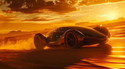 3D render of a sports car in the road at sunset, Generative AI illustrations. - obrazy, fototapety, plakaty