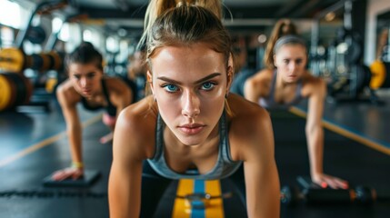 Fototapeta premium Fit young people doing pushups in a gym looking focused