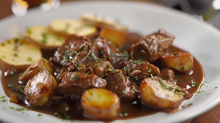 Hearty beef stew with herbs and potatoes