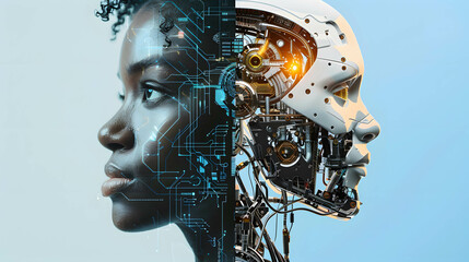 Two part of human and robot, robots that replace and help human work in business, investment, finance and industry, AI technology that has become a part of human life