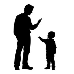 Vector silhouette of father with his son on white background.  