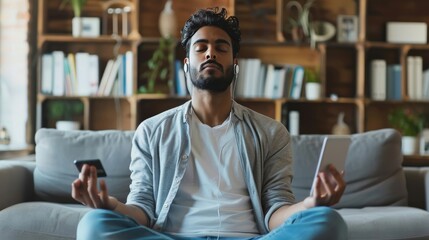 fitness, meditation and healthy lifestyle concept - Indian man in earphones listening to music on smartphone and meditating in lotus pose at home - obrazy, fototapety, plakaty