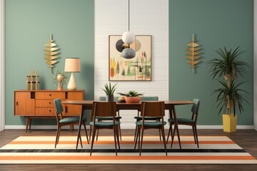 A dining area to the stylish mid-century era with wallpaper showcasing clean lines, retro color palettes, and iconic geometric shapes. An atmosphere of timeless elegance.