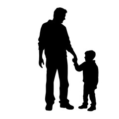 Vector silhouette of father with his son on white background.  