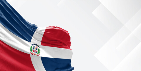 Dominican  national flag cloth fabric waving on white beautiful Background.
