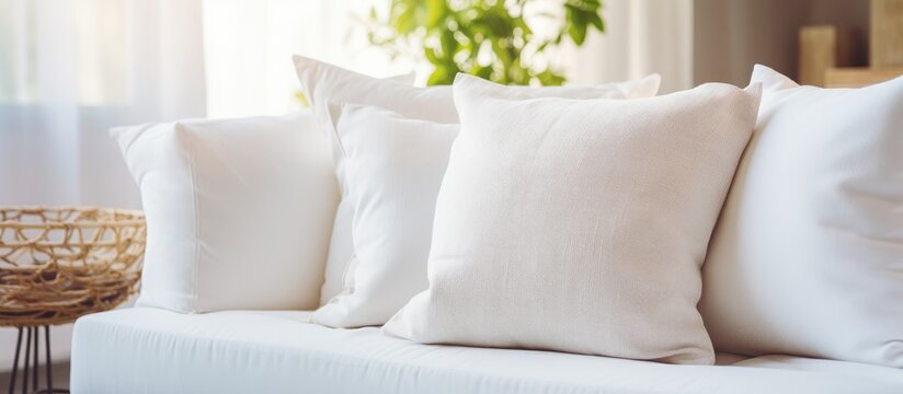 A close-up view of a white couch with decorative pillows on it, situated in a cozy bedroom or comfortable living room. The image showcases the details of the cushions and pillowcases on the sofa bed.