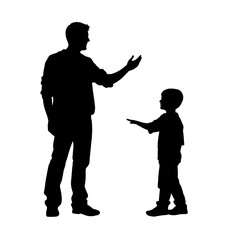 Vector silhouette of father with his son on white background.  