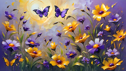 colorful purple tropical butterflies flying over bright flowers at sunrise. bright summer background