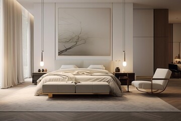 A minimalist yet opulent bedroom bathed in soft, golden morning light. High-end, understated decor with plush fabrics and muted tones. Quiet Luxury concept.