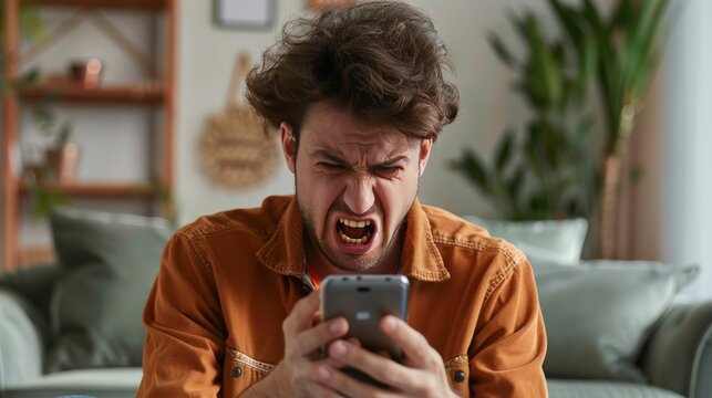 Frustrated annoyed smartphone user upset about problems with mobile phone, online app, virtual services, errors, mistakes, holding cellphone, looking at screen with frowning, angry, upset face