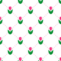 Delicate cute seamless floral pattern with pink tulips on a light white background with dots. Vector illustration
