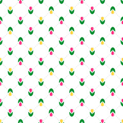 Delicate cute seamless floral pattern with pink and yellow tulips on a light white background with dots. Vector illustration