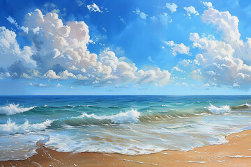 A serene seascape painting features subtle clouds drifting above tranquil waters. Soft hues and gentle brushstrokes evoke a sense of calmness and tranquility, capturing the beauty of the sea and sky i