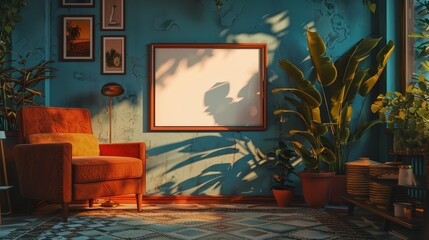 A cozy vintage living room corner illuminated by warm evening light casting plant shadows on a blank canvas on the wall.