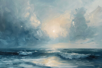 A serene seascape painting features subtle clouds drifting above tranquil waters. Soft hues and gentle brushstrokes evoke a sense of calmness and tranquility, capturing the beauty of the sea and sky i