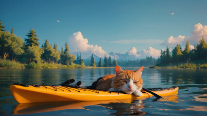 Cat with boat - obrazy, fototapety, plakaty