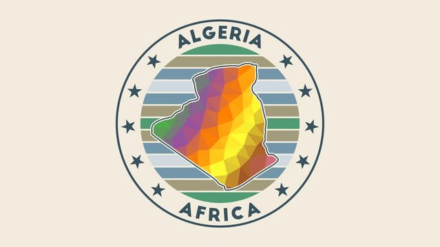 Algeria intro video. Badge with the circular name and map of the country in low poly tech geometric style. Appealing country round logo animation.