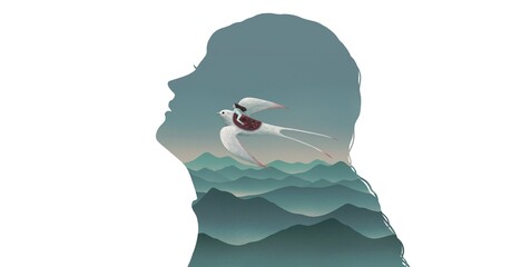 woman riding a bird. freedom and peaceful concept. conceptual artwork. © Jorm Sangsorn