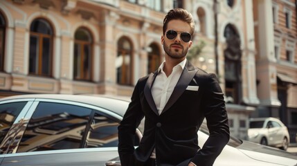 Handsome man near the car. Luxury life.