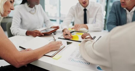 Business hands, paperwork and meeting with statistics, data analysis and sticky note ideas of finance, numbers and teamwork. Group of people planning on documents of sales, profit or revenue strategy