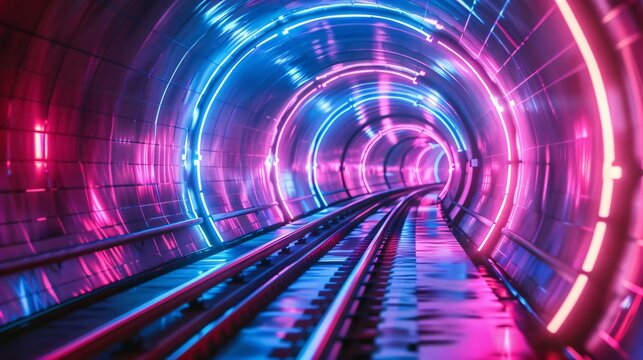 A hyperloop tunnel with neon track lines.